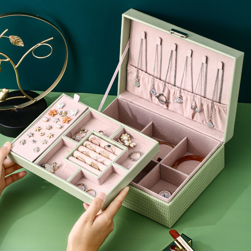 New Double-Layer Leather Jewelry Box Jewelry Stud Earrings Earrings Necklace Ornament Storage Box Vintage Ornament Box