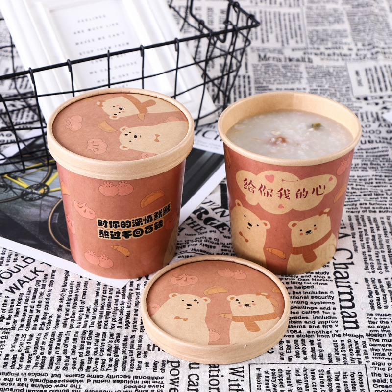 Disposable Soup Bucket Kraft Paper Porridge Bucket Paper Bowl with Lid Soup Cups Porridge Cup Take out Take Away Fiber Drum Spot Goods