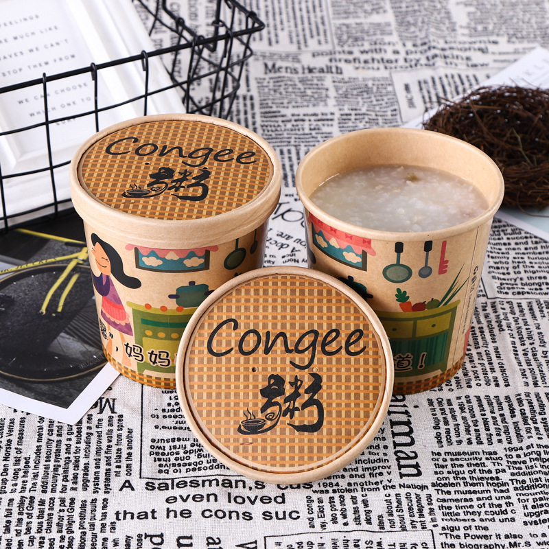 Disposable Soup Bucket Kraft Paper Porridge Bucket Paper Bowl with Lid Soup Cups Porridge Cup Take out Take Away Fiber Drum Spot Goods