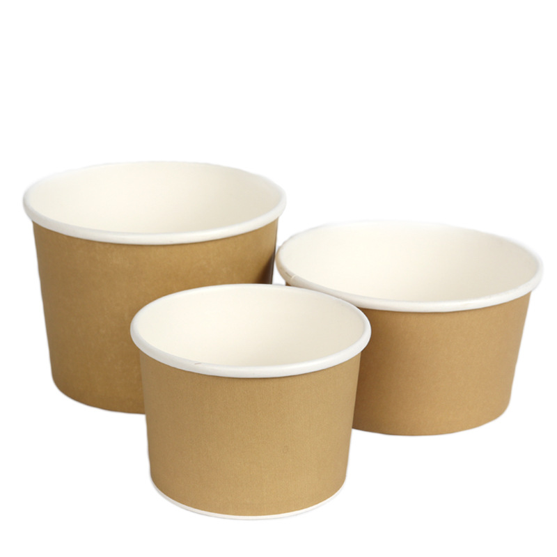 Bogus Kraft Paper Soup Bowl Thickened Disposable with Lid round Soup Box Takeaway Snack Box Cowhide Paper Soup Cup 440ml
