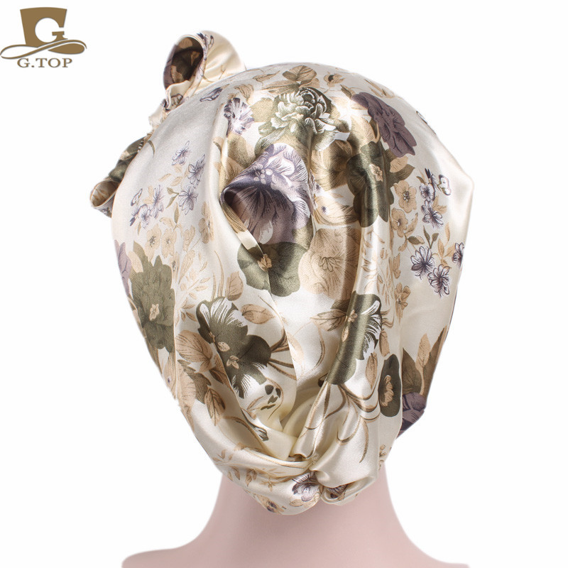 Women's Satin Print Ribbon Bowknot Tam-O'-Shanter Nightcap Silk Pile Cap Long Tail Woven Hat Women's Satin Print Ribbon Bowknot Tam-O'-Shanter Nightcap Silk Pile Cap Long Tail Woven Hat
