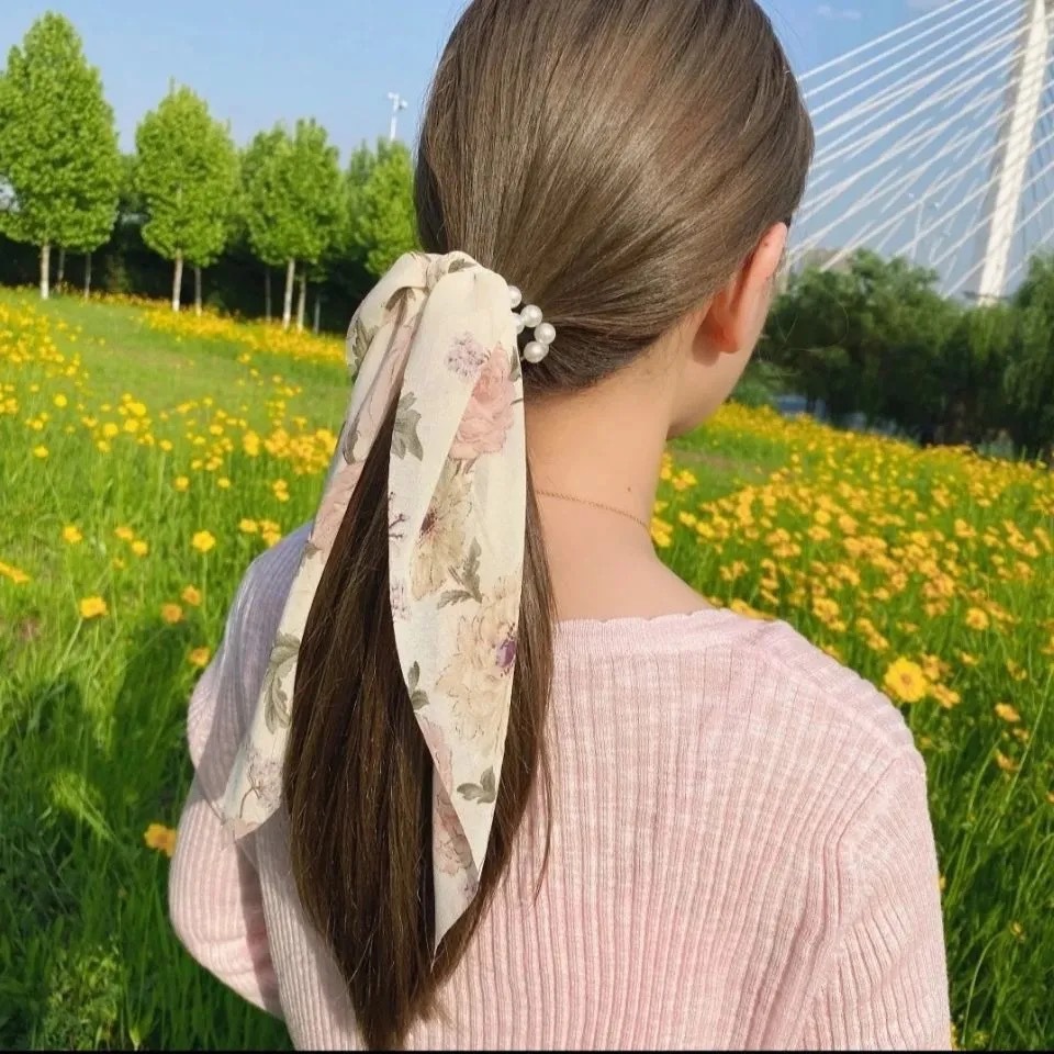 Satin French Ribbon Headdress Pearl Hair Rope Peony Flower Hair Ring Hair Band Ornament Big Flower Hair Accessories Hair Ring