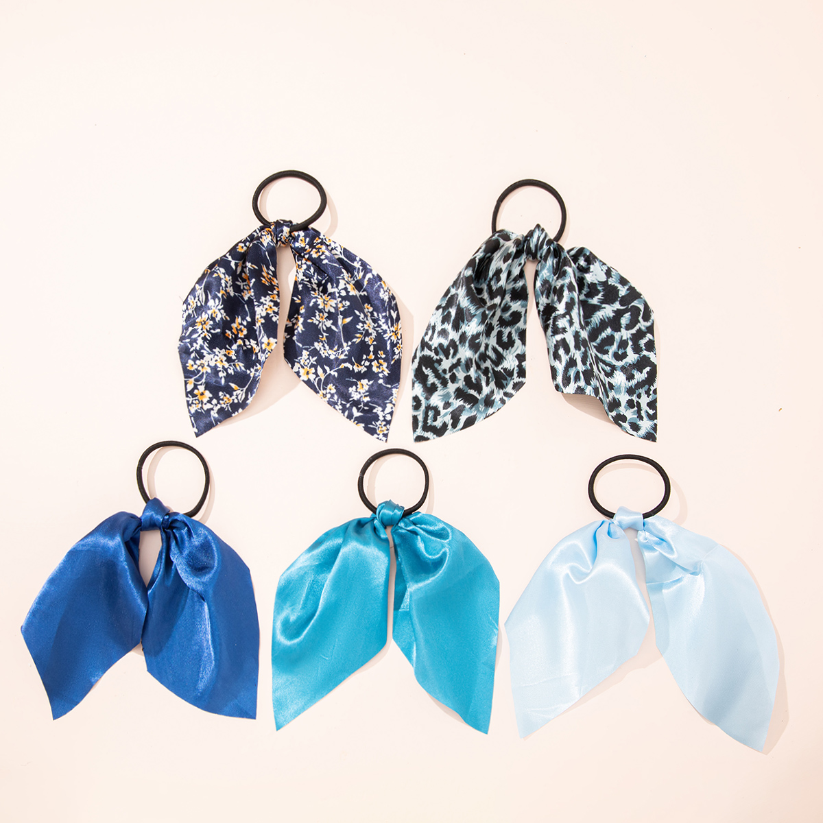 Cross-Border Suit Solid Color Ribbon Women&#039;s Fashion Satin Printed Pastoral Style Hair Tie Hair Rope Elastic Ponytail Rubber Band
