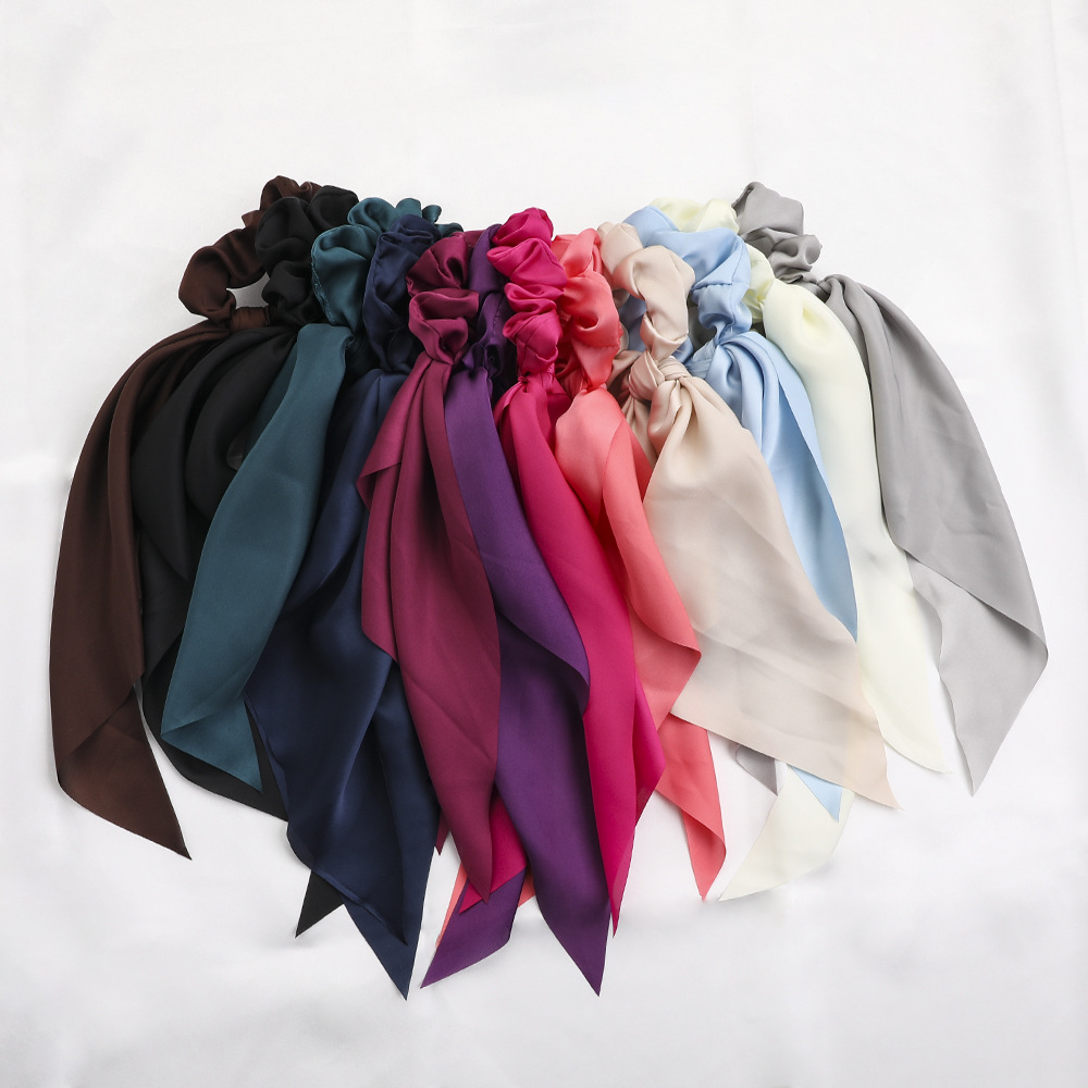 Qiyue European and American New Knot Ribbon Satin Large Intestine Ring Monochrome Silky Square Scarf Hair Ring Women&#039;s Ponytail Tie Hair