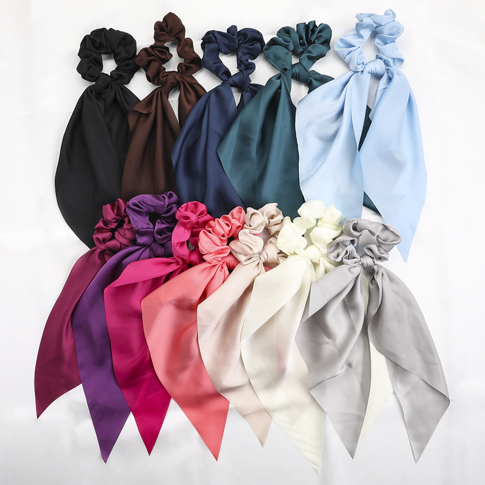 Qiyue European and American New Knot Ribbon Satin Large Intestine Ring Monochrome Silky Square Scarf Hair Ring Women&#039;s Ponytail Tie Hair