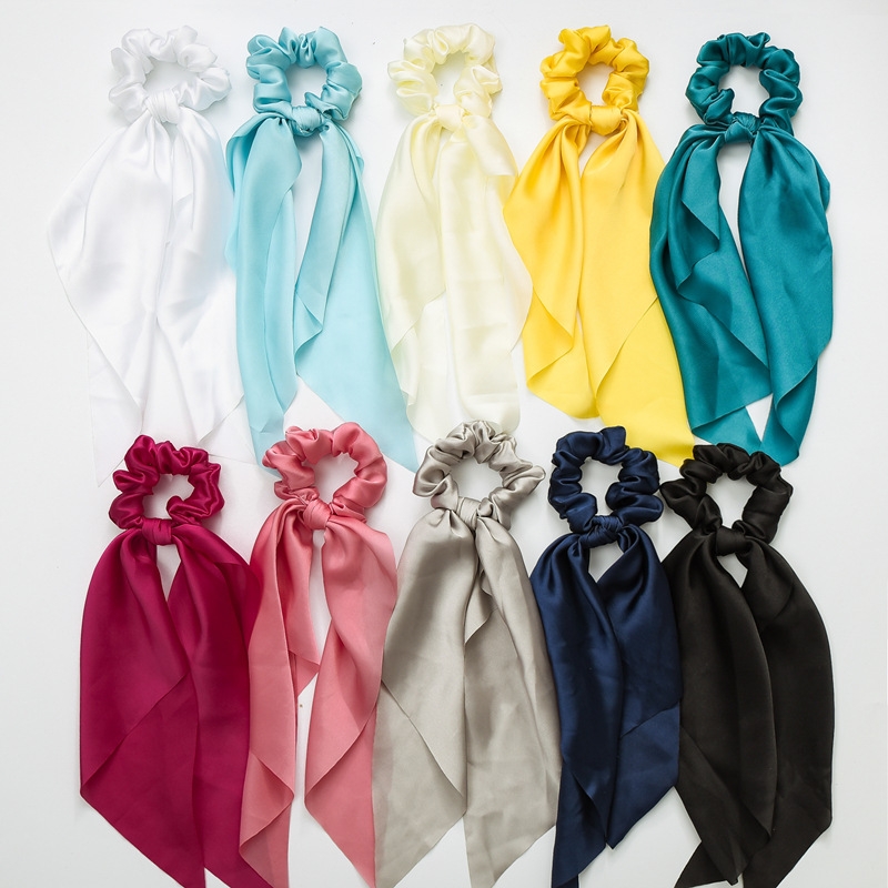 European and American New Knot Ribbon Satin Ornament Monochrome Silky Square Scarf Hair Ring Women&#039;s Ponytail Tie Hair