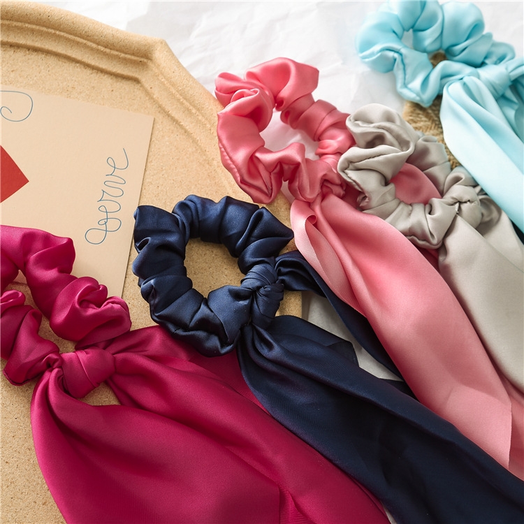 European and American New Knot Ribbon Satin Ornament Monochrome Silky Square Scarf Hair Ring Women&#039;s Ponytail Tie Hair