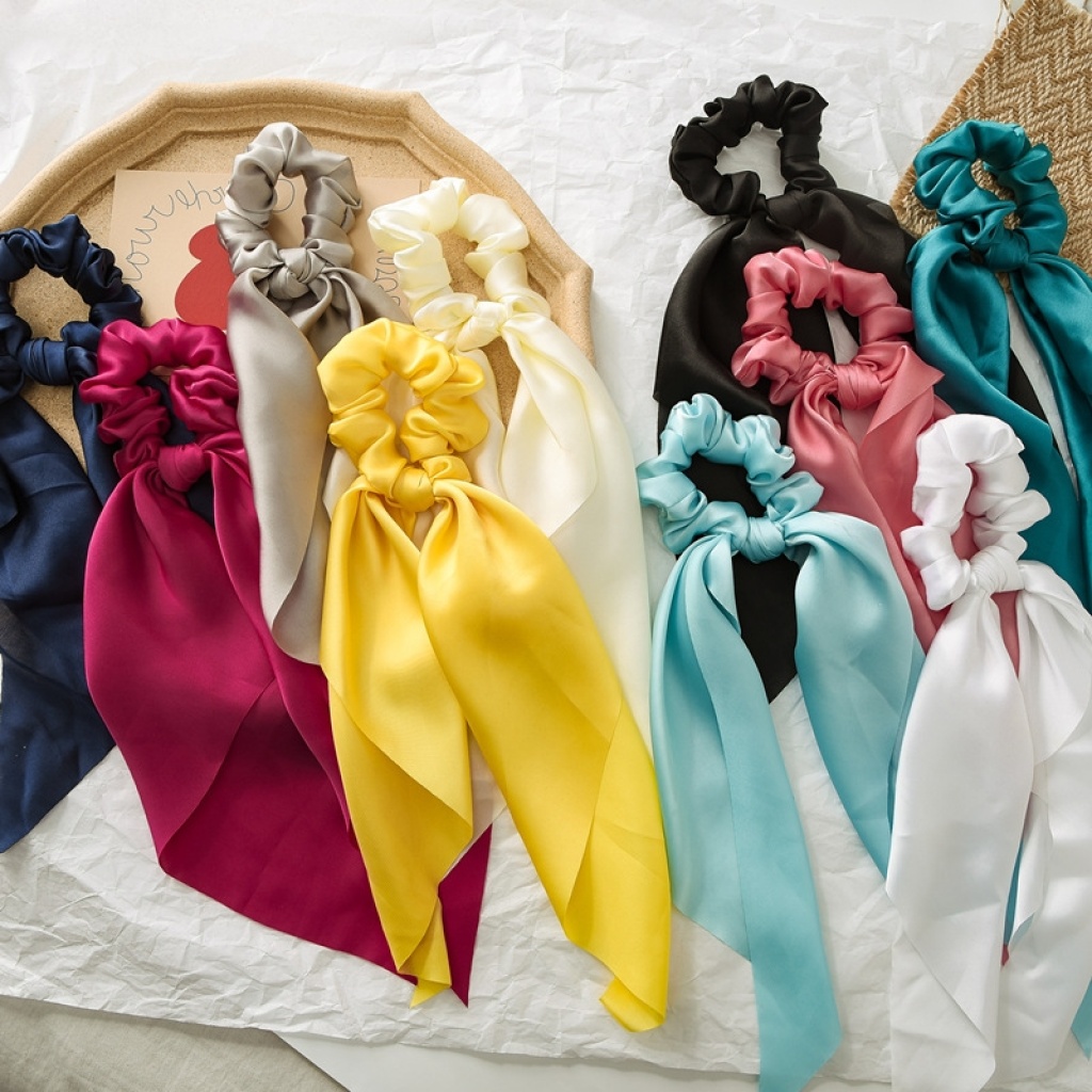European and American New Knot Ribbon Satin Ornament Monochrome Silky Square Scarf Hair Ring Women's Ponytail Tie Hair European and American New Knot Ribbon Satin Ornament Monochrome Silky Square Scarf Hair Ring Women's Ponytail Tie Hair