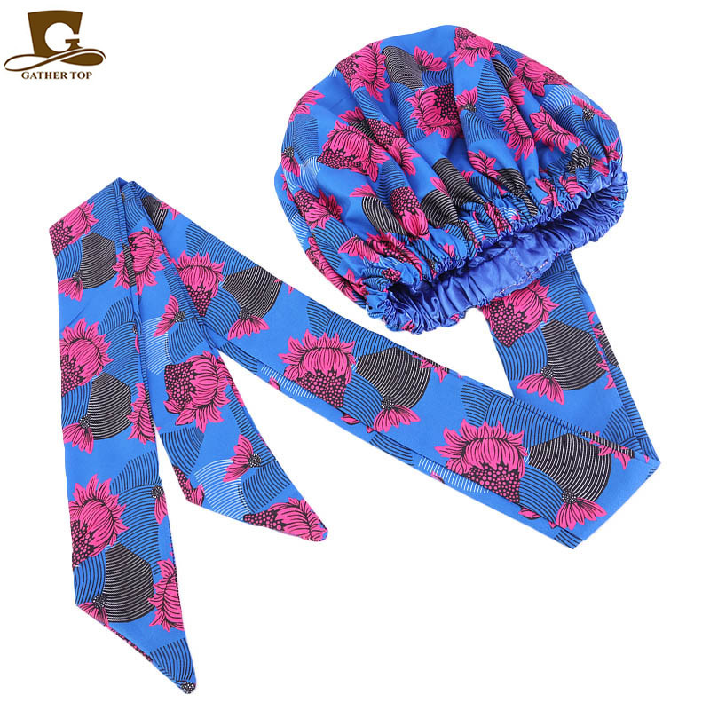 New African Print Satin Ribbon round Cap Tam-O'-Shanter Wrap Scarf Scarf Hat TJM-434B