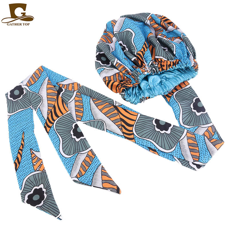 New African Print Satin Ribbon round Cap Tam-O'-Shanter Wrap Scarf Scarf Hat TJM-434B