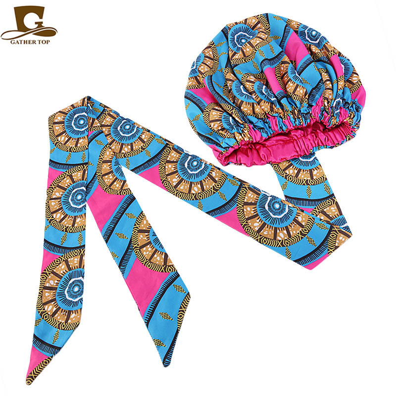 New African Print Satin Ribbon round Cap Tam-O'-Shanter Wrap Scarf Scarf Hat TJM-434B