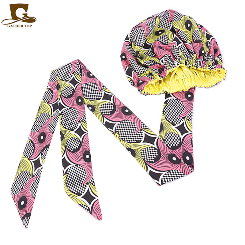 New African Print Satin Ribbon round Cap Tam-O'-Shanter Wrap Scarf Scarf Hat TJM-434B