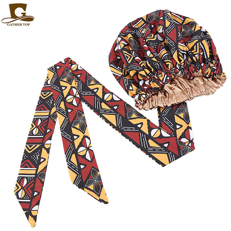 New African Print Satin Ribbon round Cap Tam-O'-Shanter Wrap Scarf Scarf Hat TJM-434B