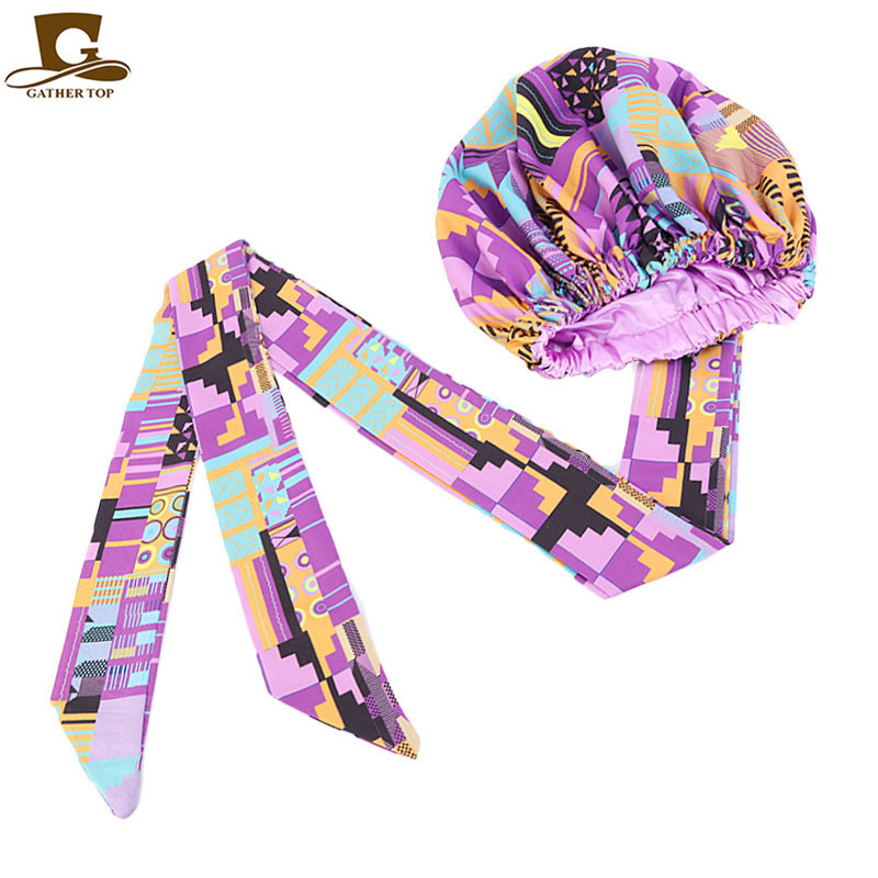 New African Print Satin Ribbon round Cap Tam-O'-Shanter Wrap Scarf Scarf Hat TJM-434B