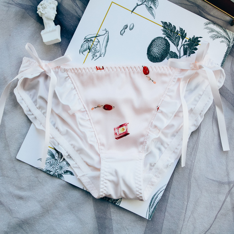 Summer New Printed Mid Waist Milk Silk Women&#039;s Underwear Satin Wooden Ear Ribbon Briefs Girl&#039;s Underwear
