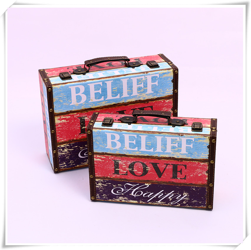 European-Style Retro Nostalgic Old-Fashioned Suitcase Collection Wooden Box Travel Props Leather Suitcase Distressed Ornaments Storage Box