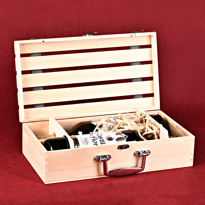 New Double Wine Wooden Box Creative Hollow Horizontal Strip Two Pieces Raw Wood Color Wooden Gift Box Red Wine Box Direct Sales