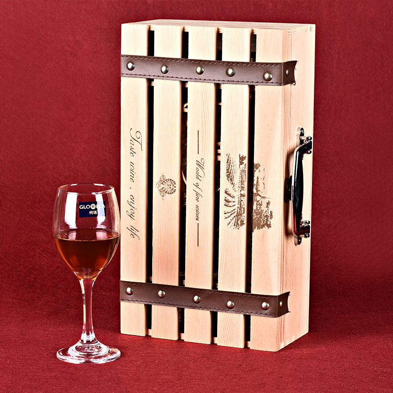 New Double Wine Wooden Box Creative Hollow Horizontal Strip Two Pieces Raw Wood Color Wooden Gift Box Red Wine Box Direct Sales