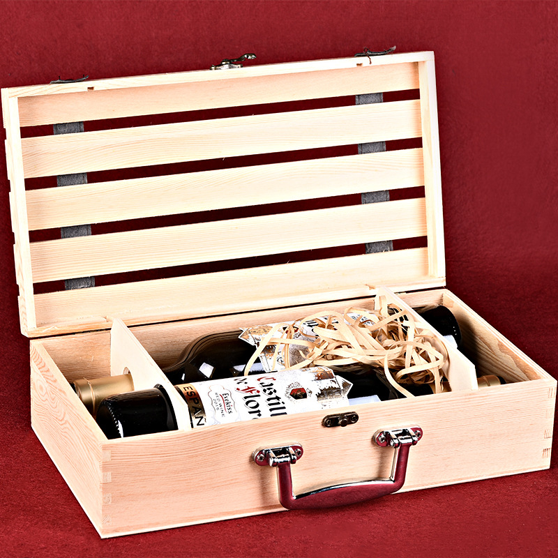 New Double Wine Wooden Box Creative Hollow Horizontal Strip Two Pieces Raw Wood Color Wooden Gift Box Red Wine Box Direct Sales