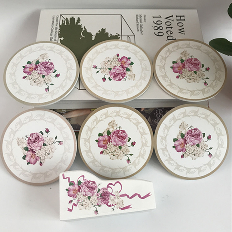 New Starting Point Home/round Wooden Peony Coaster/Heat Proof Mat Wooden Coaster Set 6 Pieces Free Wooden Box