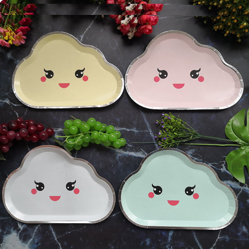 New Party Plate Disposable Paper Tray Children's Birthday Cake Fruit Dish Cute White Cloud Color Small Plate
