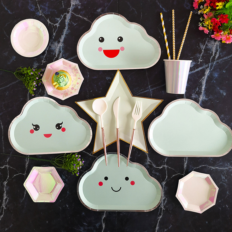 New Party Plate Disposable Paper Tray Children&#039;s Birthday Cake Fruit Dish Cute White Cloud Color Small Plate