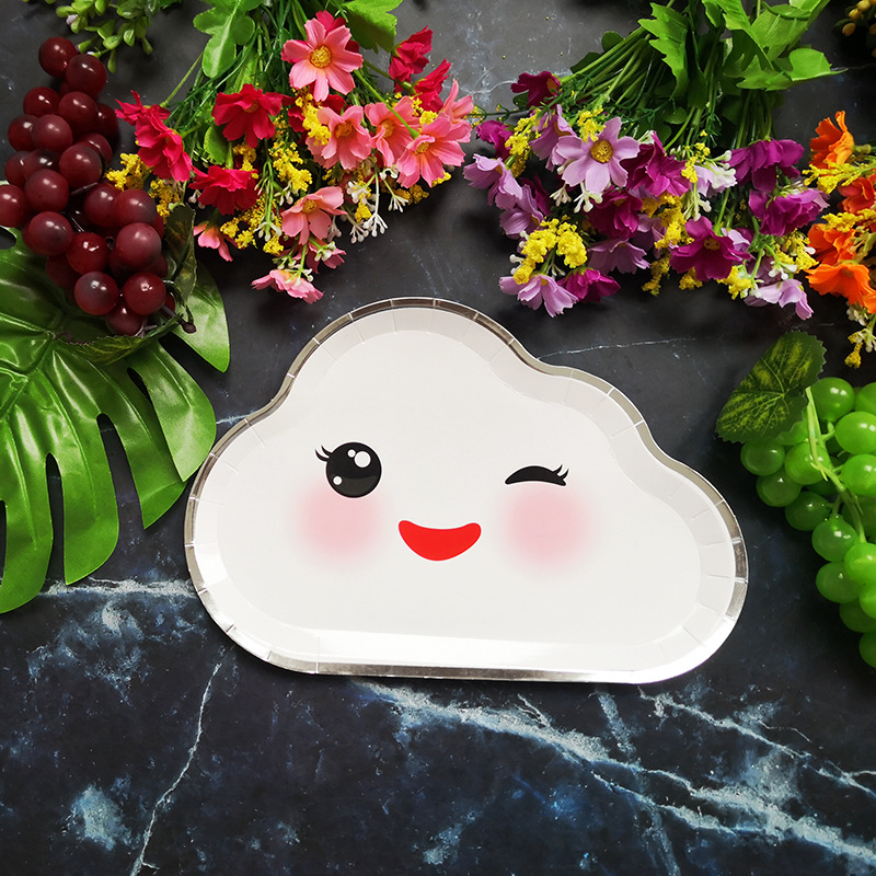 New Party Plate Disposable Paper Tray Children's Birthday Cake Fruit Dish Cute White Cloud Color Small Plate