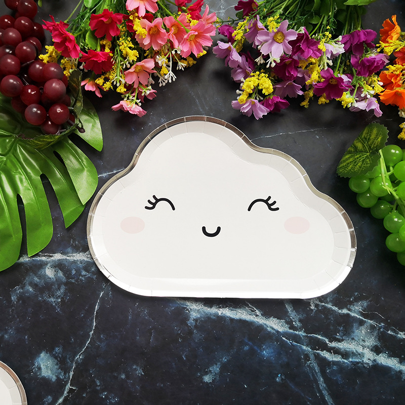 New Party Plate Disposable Paper Tray Children's Birthday Cake Fruit Dish Cute White Cloud Color Small Plate