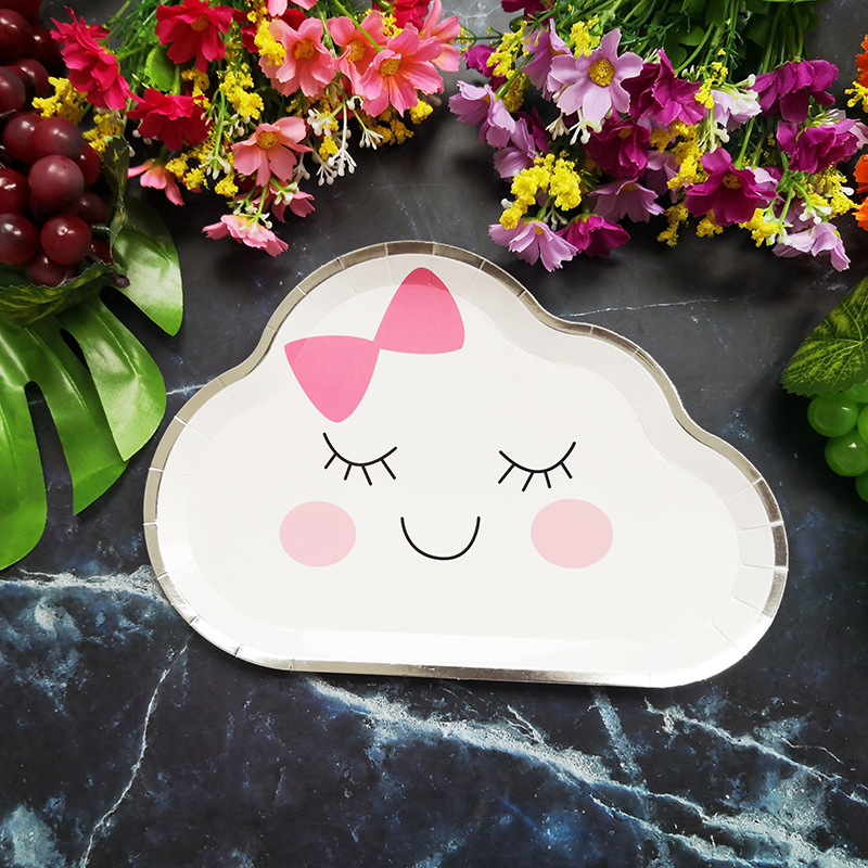 New Party Plate Disposable Paper Tray Children's Birthday Cake Fruit Dish Cute White Cloud Color Small Plate