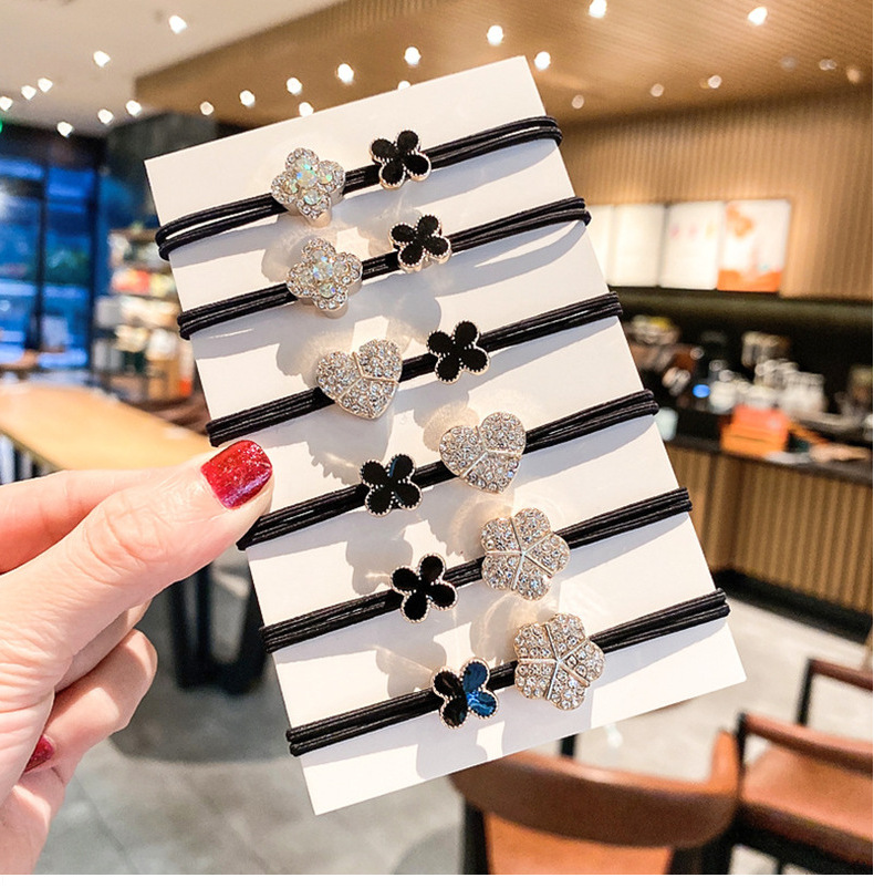 Four-Leaf Clover Headband Women's High Elastic Durable Internet Celebrity Full Diamond High-Grade All-Match Hair-Binding Ponytail Rubber Band Hair Accessories Hair Ring