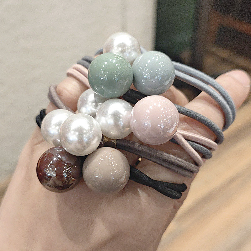 Women&#039;s Korean-Style Solid Color Pearl Hair Elastic Hair Rope Korean Internet Celebrity Rubber Band Headdress Double-Line Leather Case Beam Hair Circle