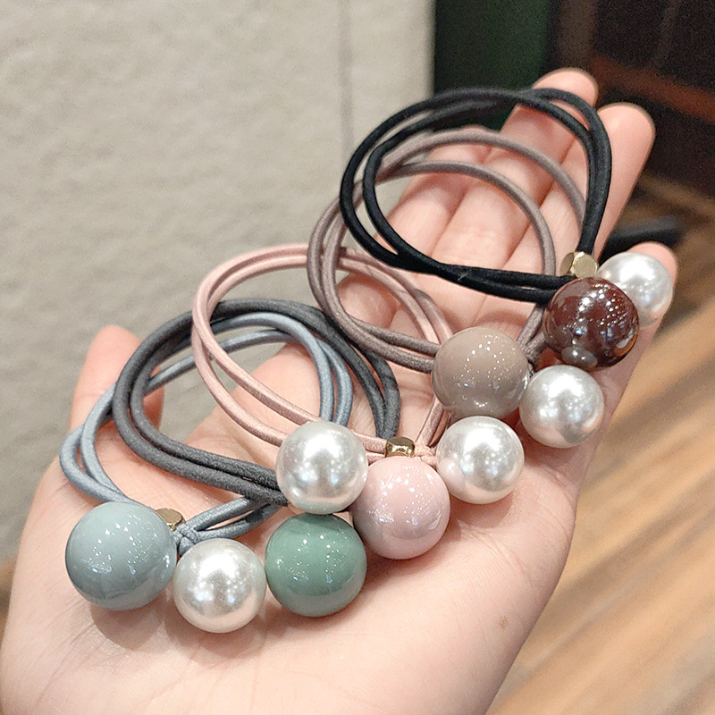 Women's Korean-Style Solid Color Pearl Hair Elastic Hair Rope Korean Internet Celebrity Rubber Band Headdress Double-Line Leather Case Beam Hair Circle Women's Korean-Style Solid Color Pearl Hair Elastic Hair Rope Korean Internet Celebrity Rubber Band Headdress Double-Line Leather Case Beam Hair Circle
