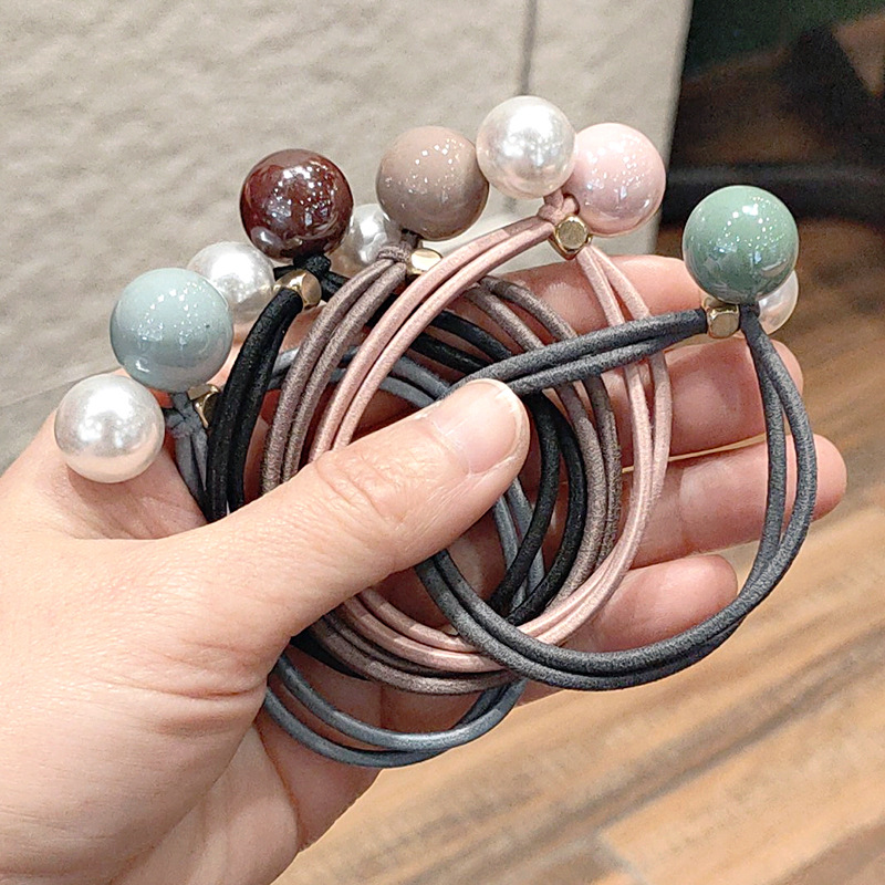 Women's Korean-Style Solid Color Pearl Hair Elastic Hair Rope Korean Internet Celebrity Rubber Band Headdress Double-Line Leather Case Beam Hair Circle Women's Korean-Style Solid Color Pearl Hair Elastic Hair Rope Korean Internet Celebrity Rubber Band Headdress Double-Line Leather Case Beam Hair Circle