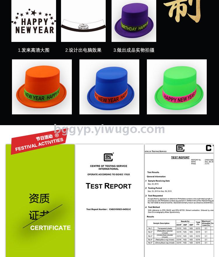 Monochrome Fluorescent a Tall Hat Stickers Happy New Year PVC Plastic Cap New Year Party Special Factory Direct Sales Custom Printing