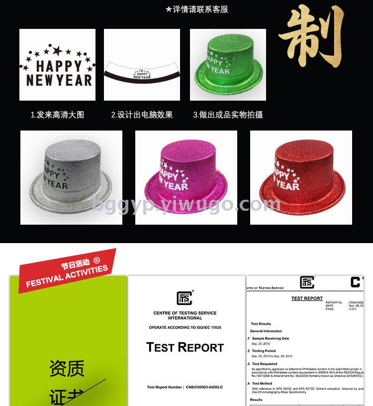 Gold Powder a Tall Hat Printed Happy New Year PVC Plastic Cap New Year Party Special Cap Custom Printing Factory Direct Sales