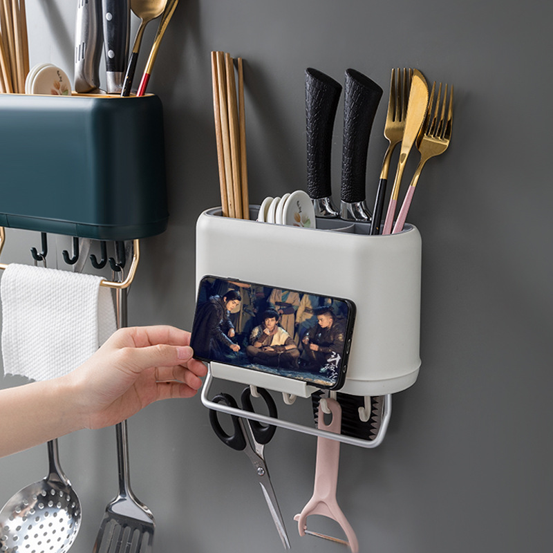 Wall-Mounted Chopsticks Box Kitchen Knife and Fork Drain Storage Box Chopsticks Basket Plastic Solid Color Simple Hook Chopsticks Holder