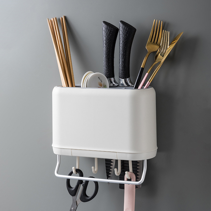 Wall-Mounted Chopsticks Box Kitchen Knife and Fork Drain Storage Box Chopsticks Basket Plastic Solid Color Simple Hook Chopsticks Holder