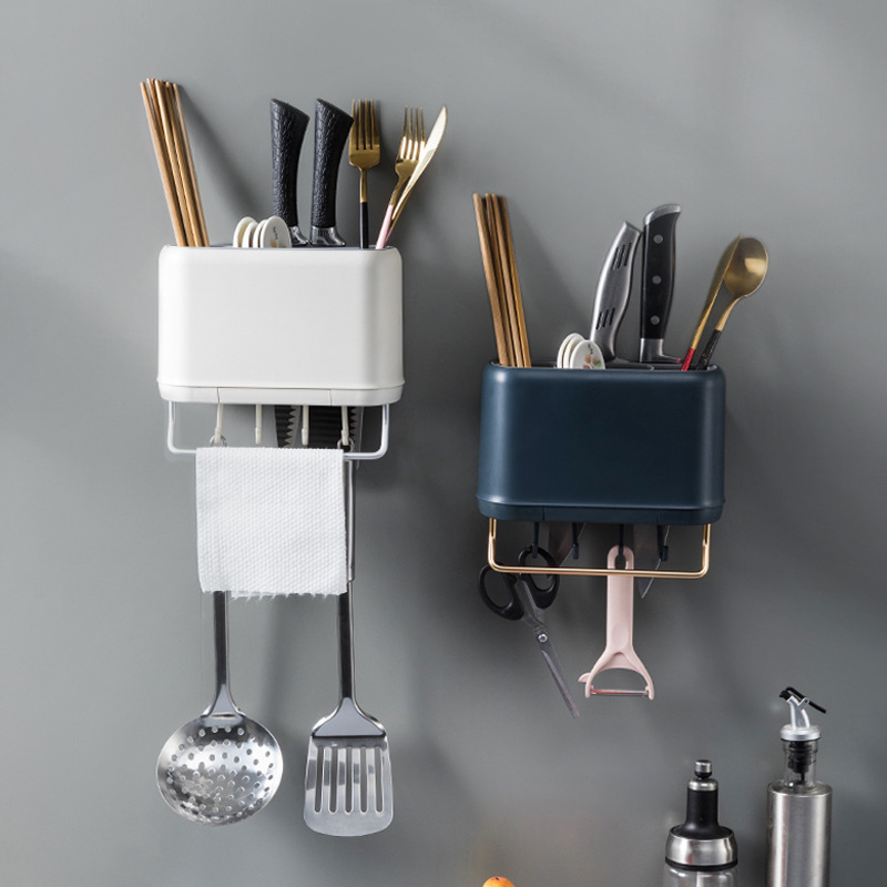 Wall-Mounted Chopsticks Box Kitchen Knife and Fork Drain Storage Box Chopsticks Basket Plastic Solid Color Simple Hook Chopsticks Holder