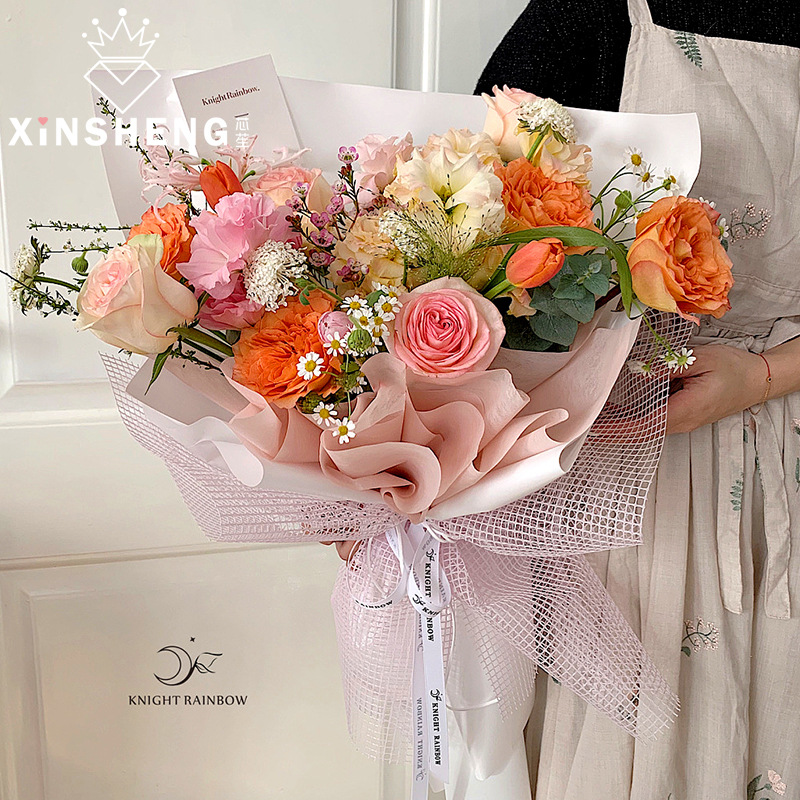 Korean-Style Square Plaid Mesh Hard Mesh Plain Hollow Flowers Outer Bouquet Pp Mesh Floral Packaging  Material Mesh