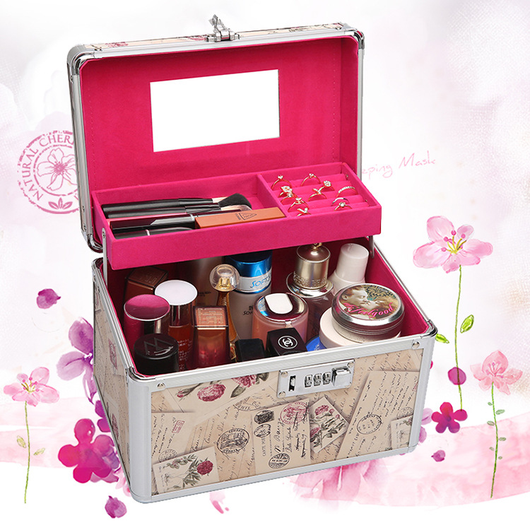 Cosmetic Case Portable Aluminum Alloy Password Lock Cosmetic Case Large Double Rounds Mirror Portable Cosmetics Storage Box for Women