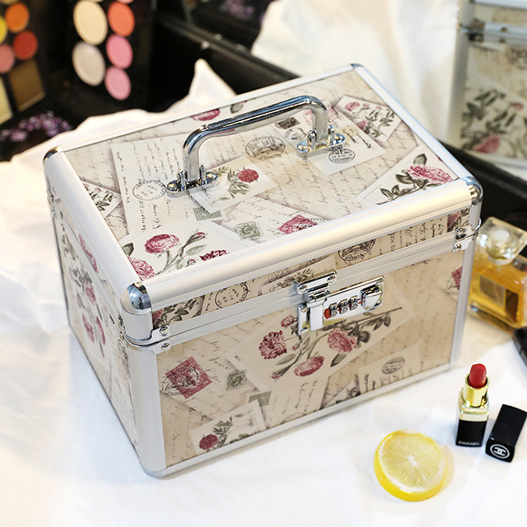 Cosmetic Case Portable Aluminum Alloy Password Lock Cosmetic Case Large Double Rounds Mirror Portable Cosmetics Storage Box for Women