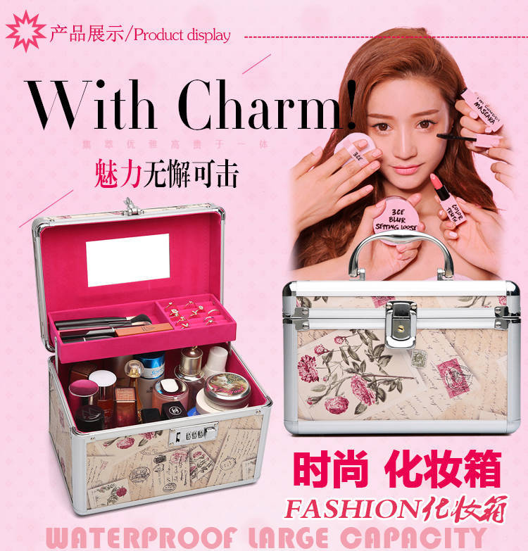 Cosmetic Case Portable Aluminum Alloy Password Lock Cosmetic Case Large Double Rounds Mirror Portable Cosmetics Storage Box for Women