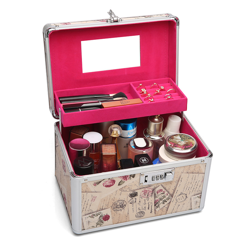 Cosmetic Case Portable Aluminum Alloy Password Lock Cosmetic Case Large Double Rounds Mirror Portable Cosmetics Storage Box for Women