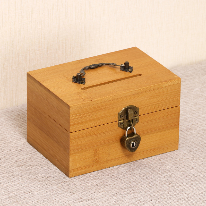 Wooden Box Bamboo Coin Bank Vintage Children&#039;s Gift with Lock Savings Bank Wooden Case Treasure Chest Storage Box Crafts Box