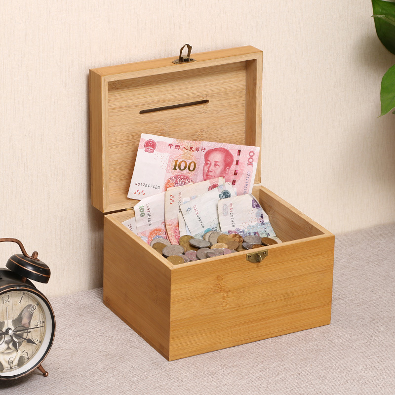 Wooden Box Bamboo Coin Bank Vintage Children&#039;s Gift with Lock Savings Bank Wooden Case Treasure Chest Storage Box Crafts Box