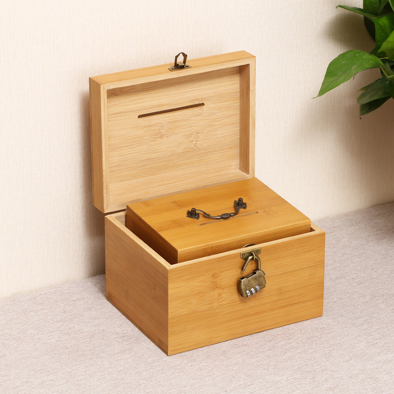 Wooden Box Bamboo Coin Bank Vintage Children&#039;s Gift with Lock Savings Bank Wooden Case Treasure Chest Storage Box Crafts Box