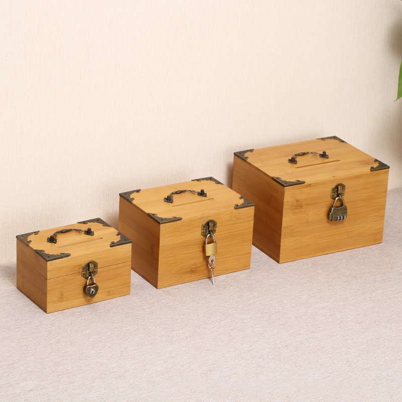Wooden Box Bamboo Coin Bank Vintage Children&#039;s Gift with Lock Savings Bank Wooden Case Treasure Chest Storage Box Crafts Box