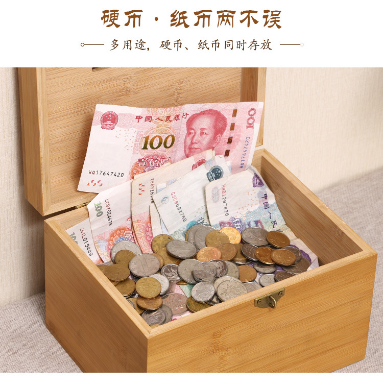 Wooden Box Bamboo Coin Bank Vintage Children's Gift with Lock Savings Bank Wooden Case Treasure Chest Storage Box Crafts Box