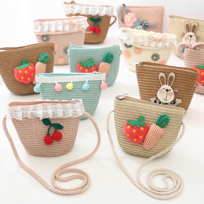 Girls&#039; Messenger Bag Cute Coin Purse Princess Fashion Western Style Baby Girl Small Bag Children&#039;s Grass Handmade Woven Bag