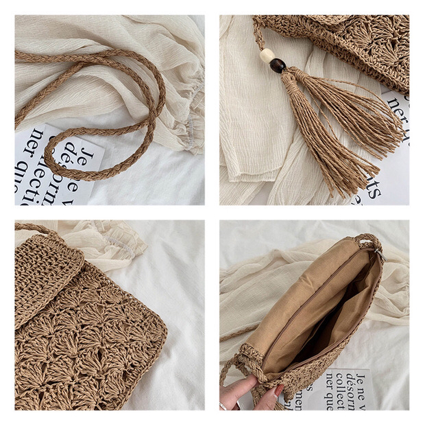 Factory Price Ins New Fan Crochet Paper String Flip Woven Bag Crossbody Straw Bag Beach Casual Women's Bag